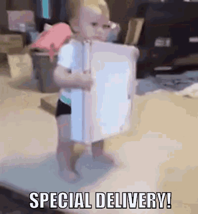 Share this special delivery surprise GIF for your ecommerce team. Perfect for acknowledging new orders and customer satisfaction.